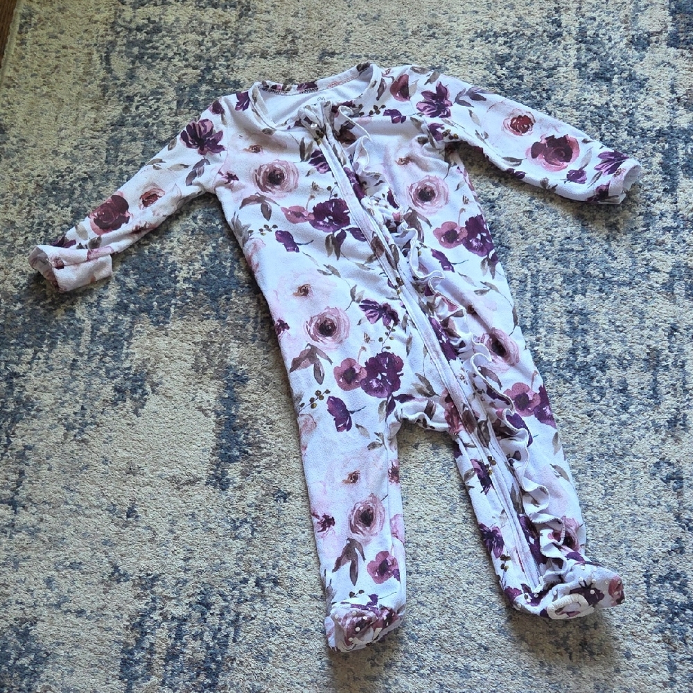 Caden Lane Demi's Dusty Purple Floral Zipper Ruffle Footie Pajamas